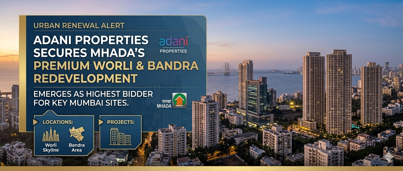 Adani Properties emerges as the highest bidder for MHADA's premium redevelopment projects in Worli and Bandra, Mumbai.