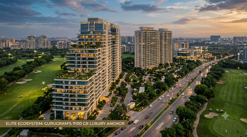 Modern ultra-luxury high-rise residential skyscraper representing premium ₹100 crore apartments in Gurugram