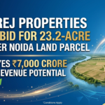 Digital banner announcing Godrej Properties winning a bid for a 23.2-acre land parcel in Greater Noida with an estimated ₹7,000 crore revenue potential, featuring luxury high-rise towers and a plot near a river
