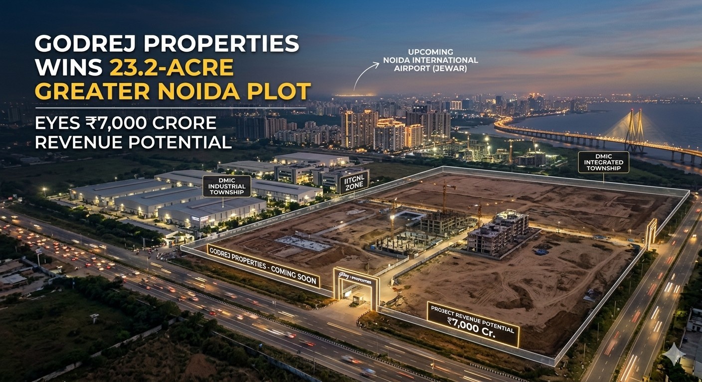 Map infographic showing Godrej Properties 23.2-acre Greater Noida land acquisition near DMIC Industrial Township and Jewar Airport
