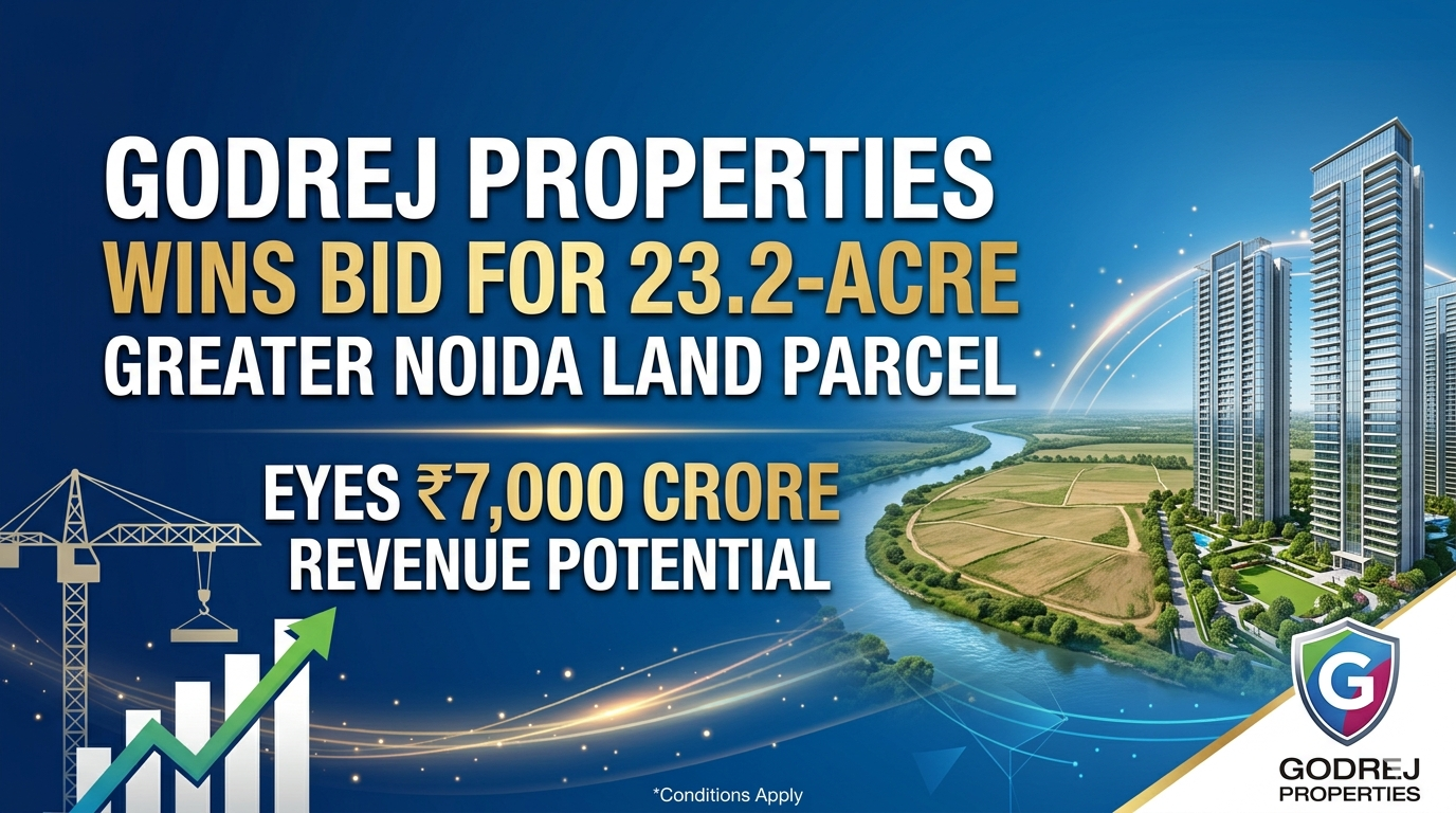 Digital banner announcing Godrej Properties winning a bid for a 23.2-acre land parcel in Greater Noida with an estimated ₹7,000 crore revenue potential, featuring luxury high-rise towers and a plot near a river