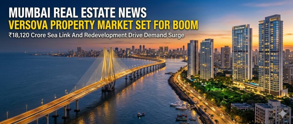 Mumbai real estate news banner featuring the Versova property market boom, showing a cable-stayed sea link bridge and luxury high-rise residential towers at sunset.