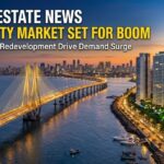 Mumbai real estate news banner featuring the Versova property market boom, showing a cable-stayed sea link bridge and luxury high-rise residential towers at sunset.