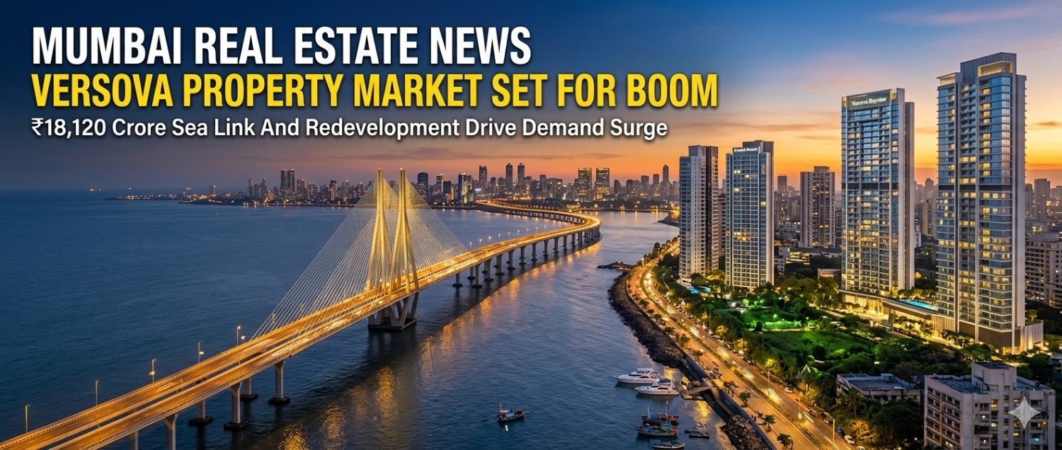 Mumbai real estate news banner featuring the Versova property market boom, showing a cable-stayed sea link bridge and luxury high-rise residential towers at sunset.