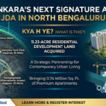 Infographic banner for Puravankara's 11.23-acre residential land acquisition in Doddagubbi, North Bengaluru, showcasing an aerial site map, premium apartment renderings, and a joint development agreement handshake icon