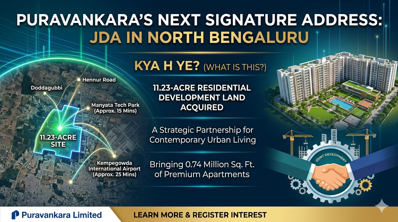 Infographic banner for Puravankara's 11.23-acre residential land acquisition in Doddagubbi, North Bengaluru, showcasing an aerial site map, premium apartment renderings, and a joint development agreement handshake icon